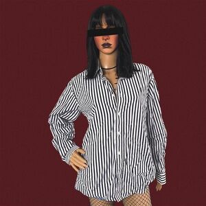 Oversized fit black and white striped button-up shirt